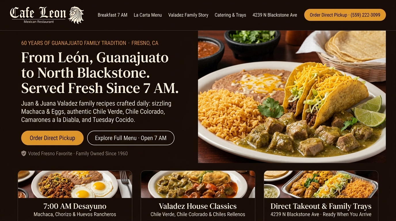 Proposed Cafe Leon Mexican Restaurant homepage with 7 AM breakfast, La Carta menu, and direct pickup ordering